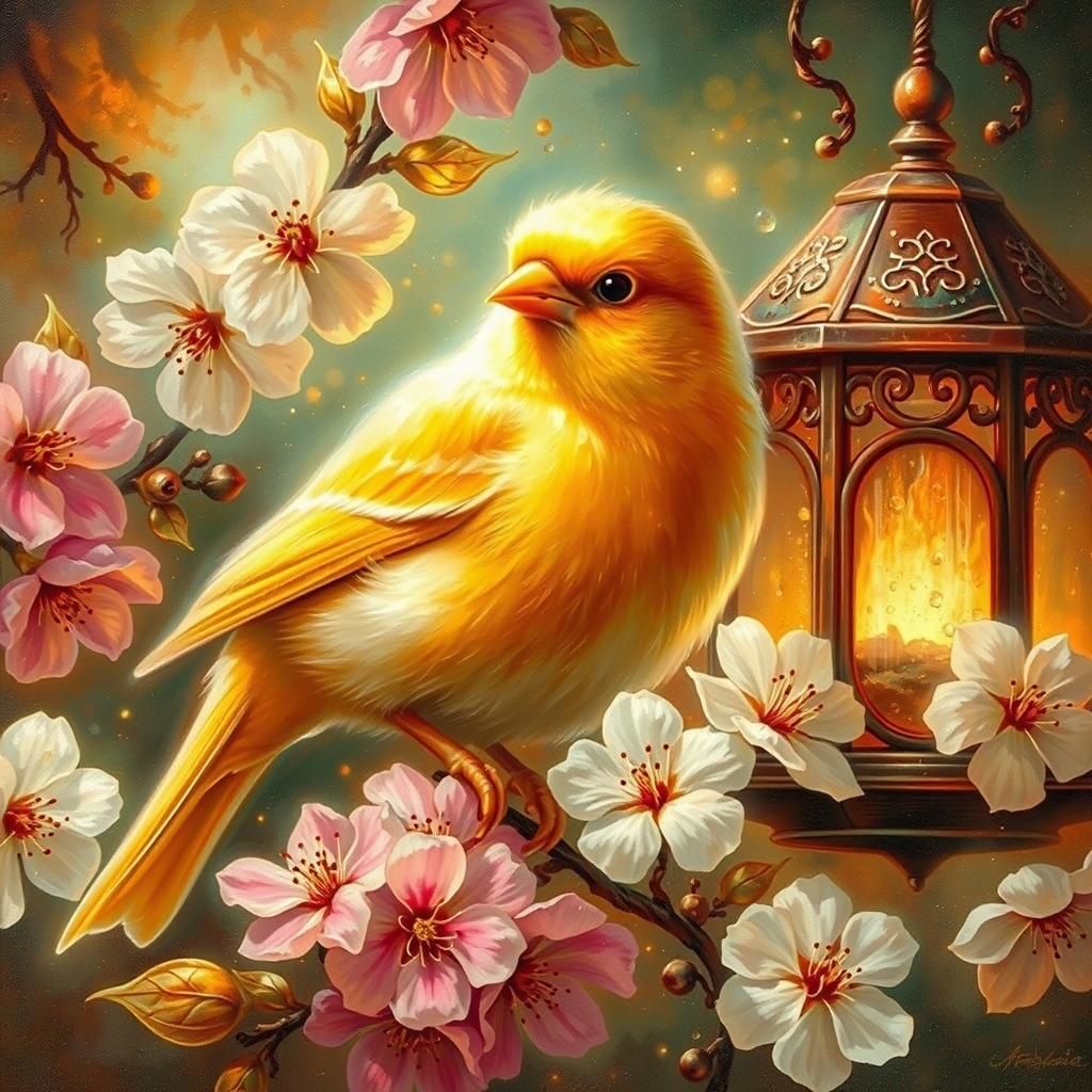 A beautiful yellow canary with sparkling shine swaying on a bird feeder in an oil painting style. Large cherry blossoms ...