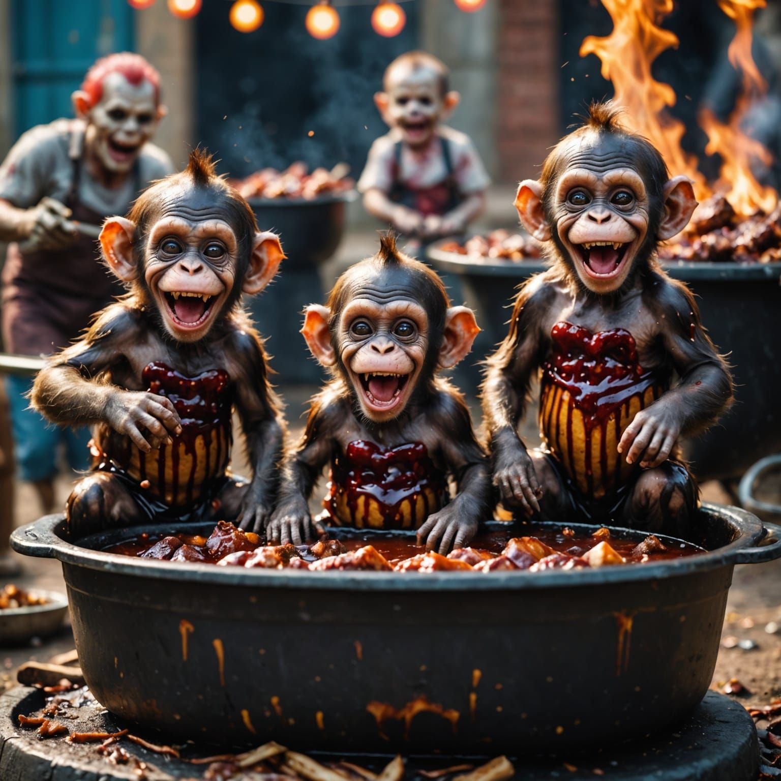 Zombie Monkey-Clown Babies Bathing in BBQ Sauce