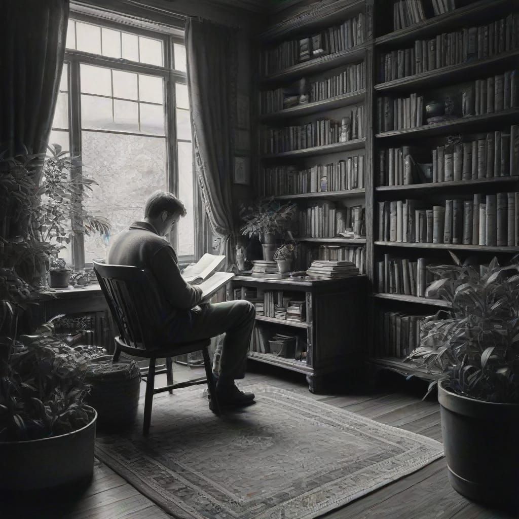 Cozy Reading Nook in Charcoal Drawing Style