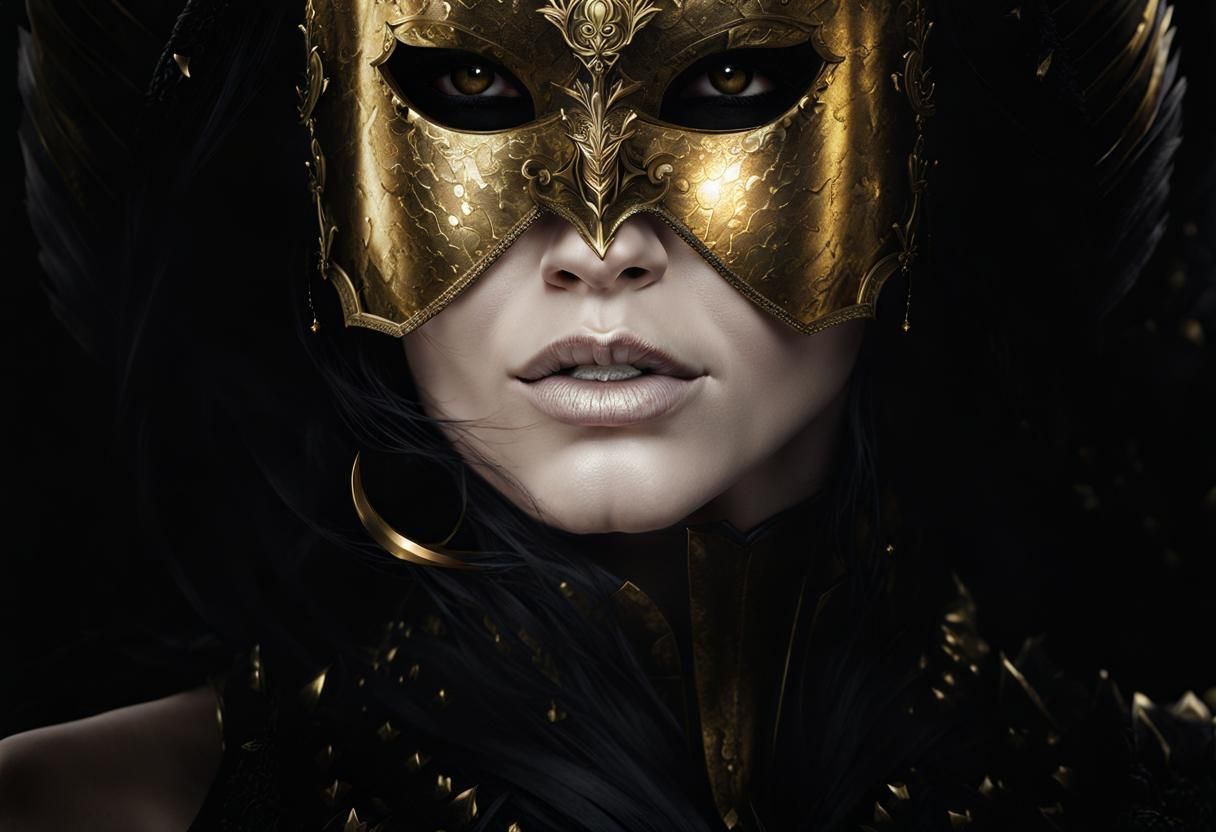 Golden Masked Warrior Woman in Black Armor