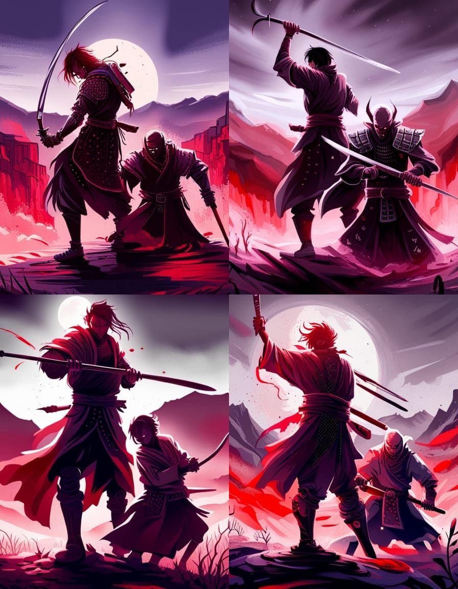 An organic disturbing landscape shows a demon samurai dueling against an undead enemy with a blood drenched Katana in a ...