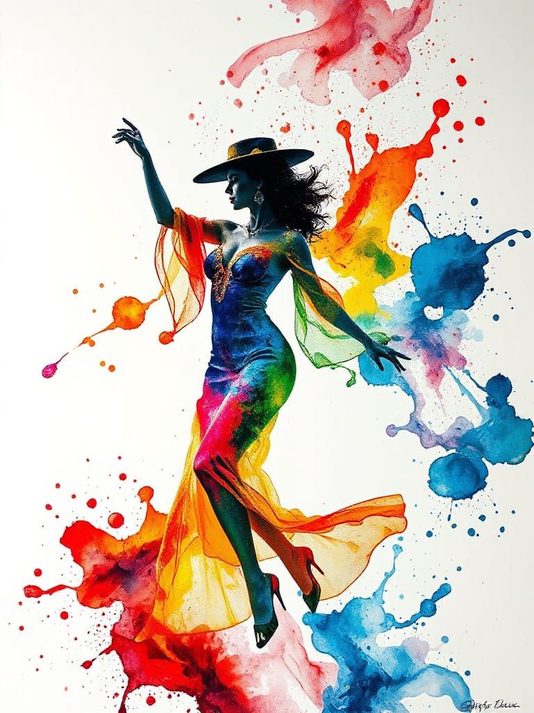 Opulent Italian Siren Dancing in Vibrant, Abstract Watercolo...