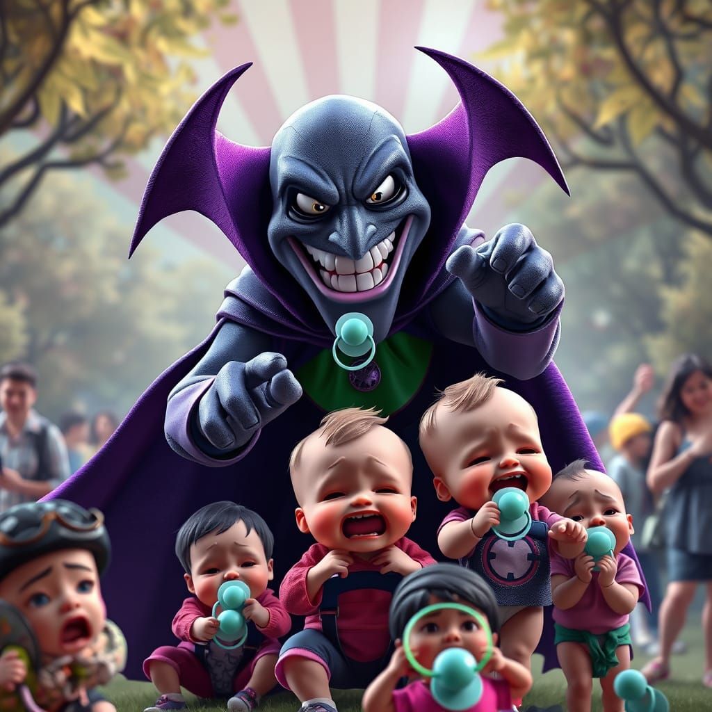 Sinister Supervillain Steals Pacifiers: 3D Digital Art