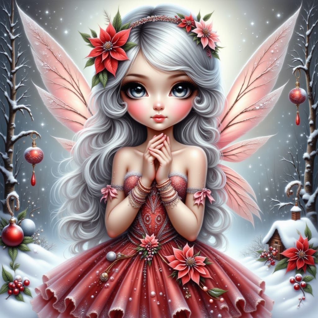 Whimsical Fairy in Sparkling Dress with Snowflakes