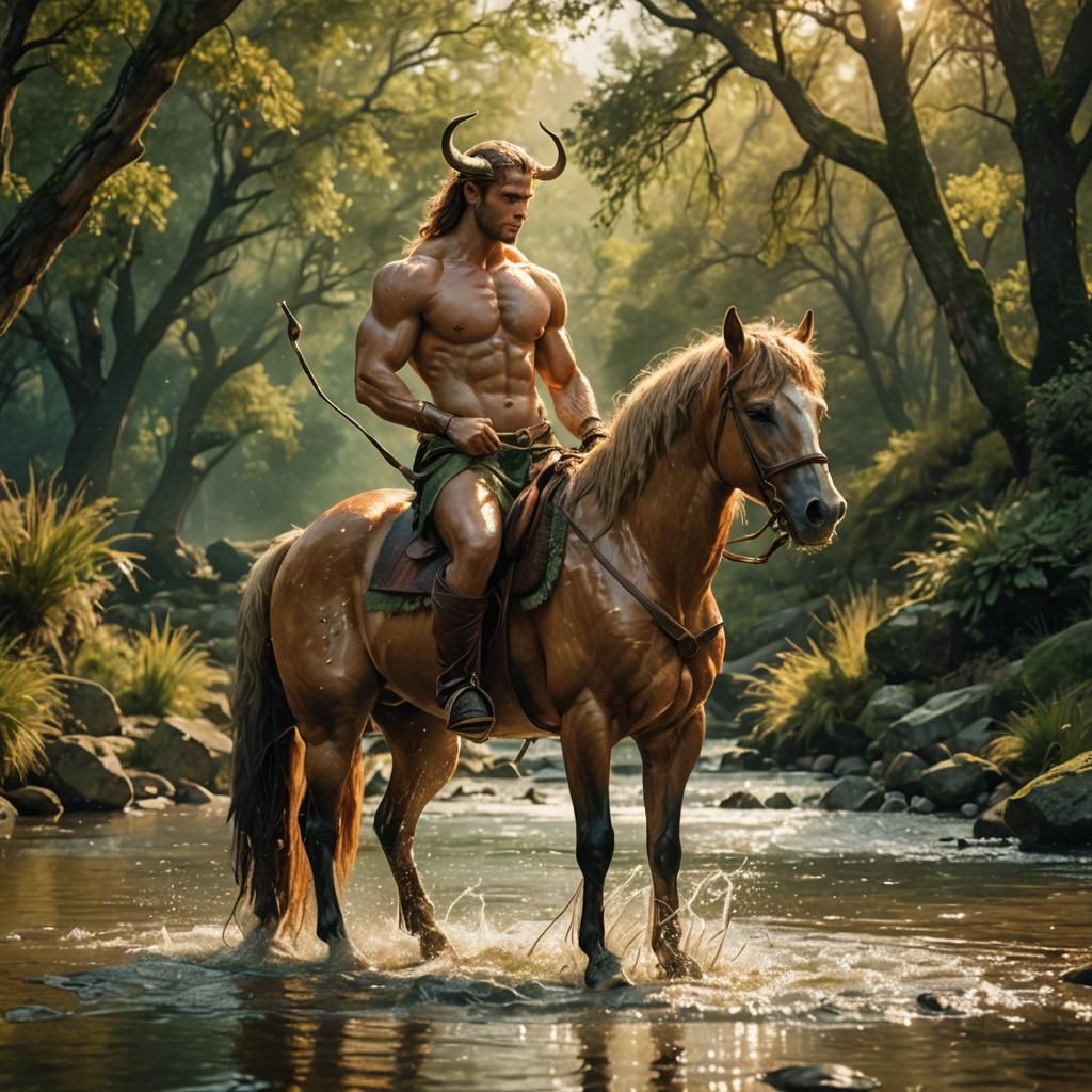 Creek Centaur with Bow in Golden Light