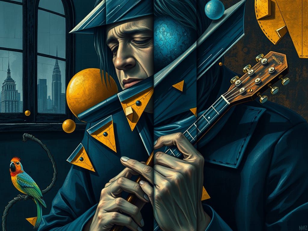 Blues Musician's Cubist Symphony in Electric Blue