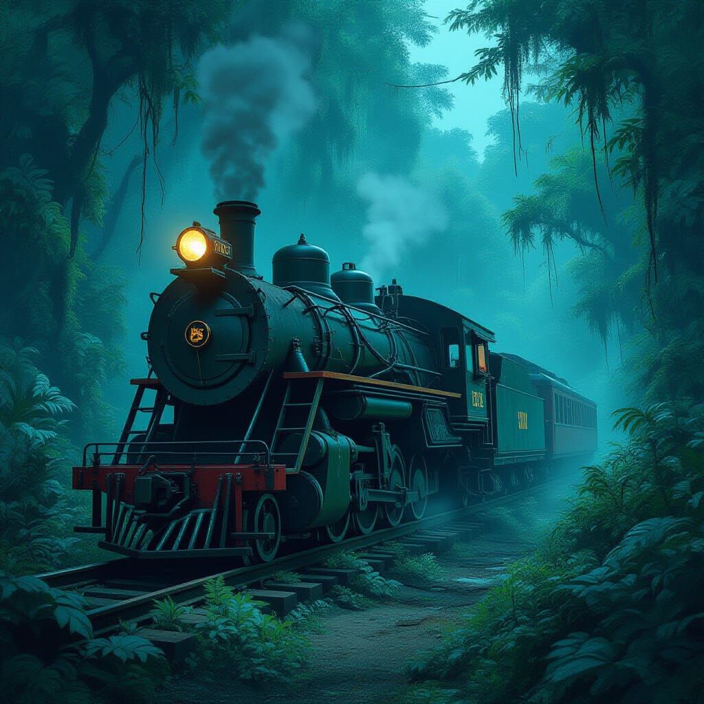 Abandoned Locomotive in Bioluminescent Jungle