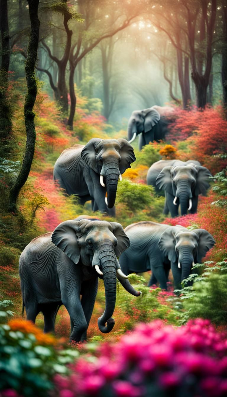 Furry Elephants Dance in a Surreal Forest