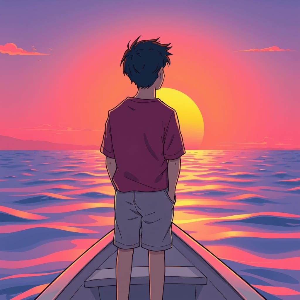 Man Stares Out at a Vibrant Anime Sunset