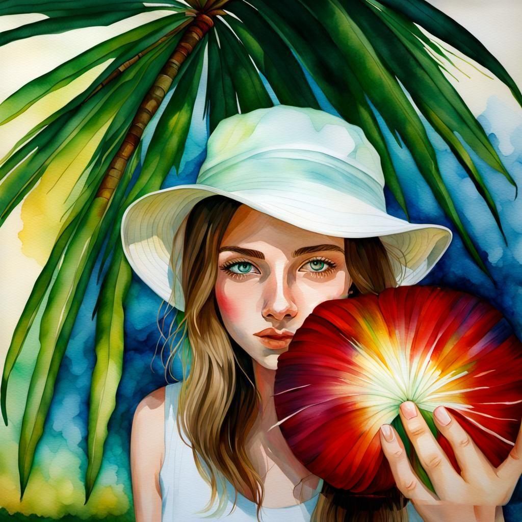 Baroque Watercolor of Girl with Palm Branch