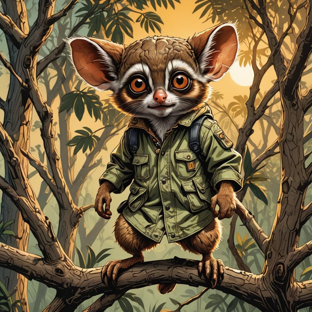 Bush Baby Game Ranger in Comic Book Style