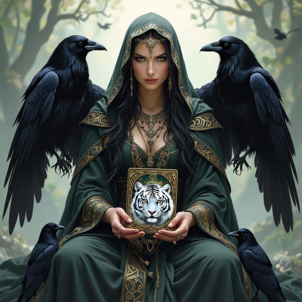 Morrigan with Raven and Celtic Tiger Oracle Deck