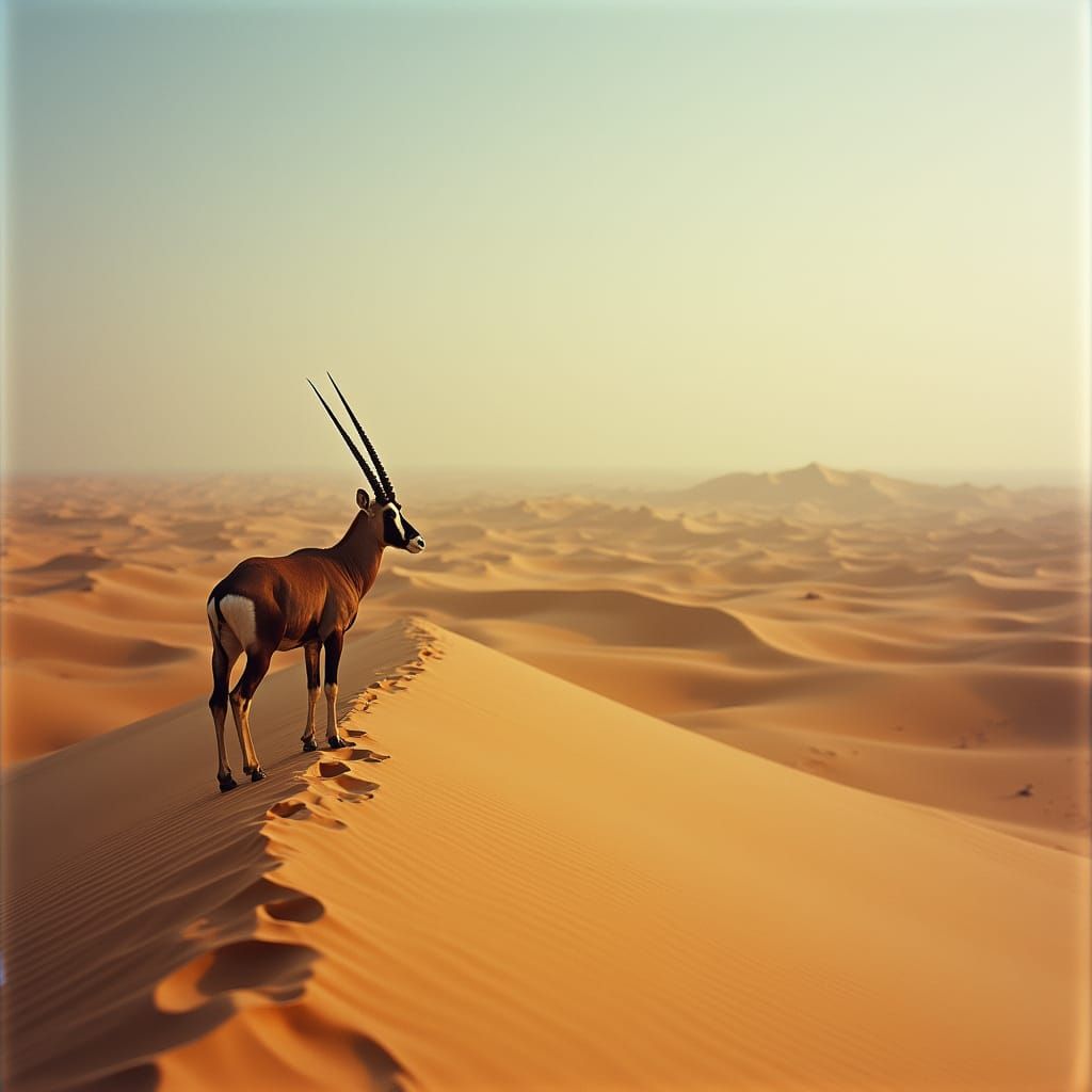 Oryx Antelope Overlooking Dune Sea, Cinematic Film Still
