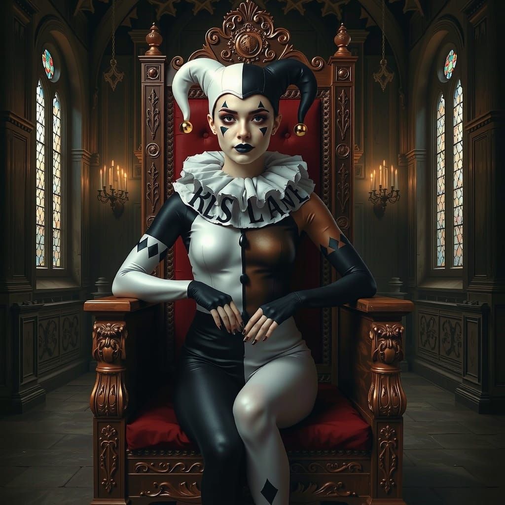 Harlequin Woman on Throne in Digital Art Style
