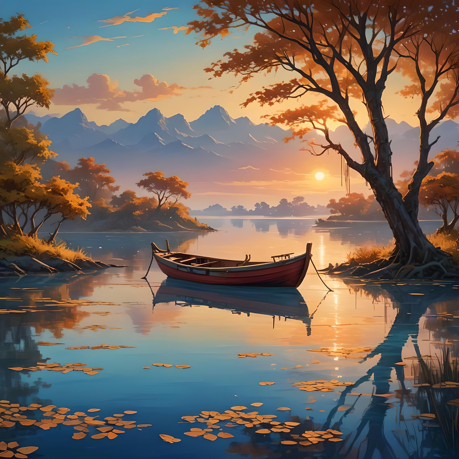 Serene Lagoon Sunset: Small Boat in Warm Light