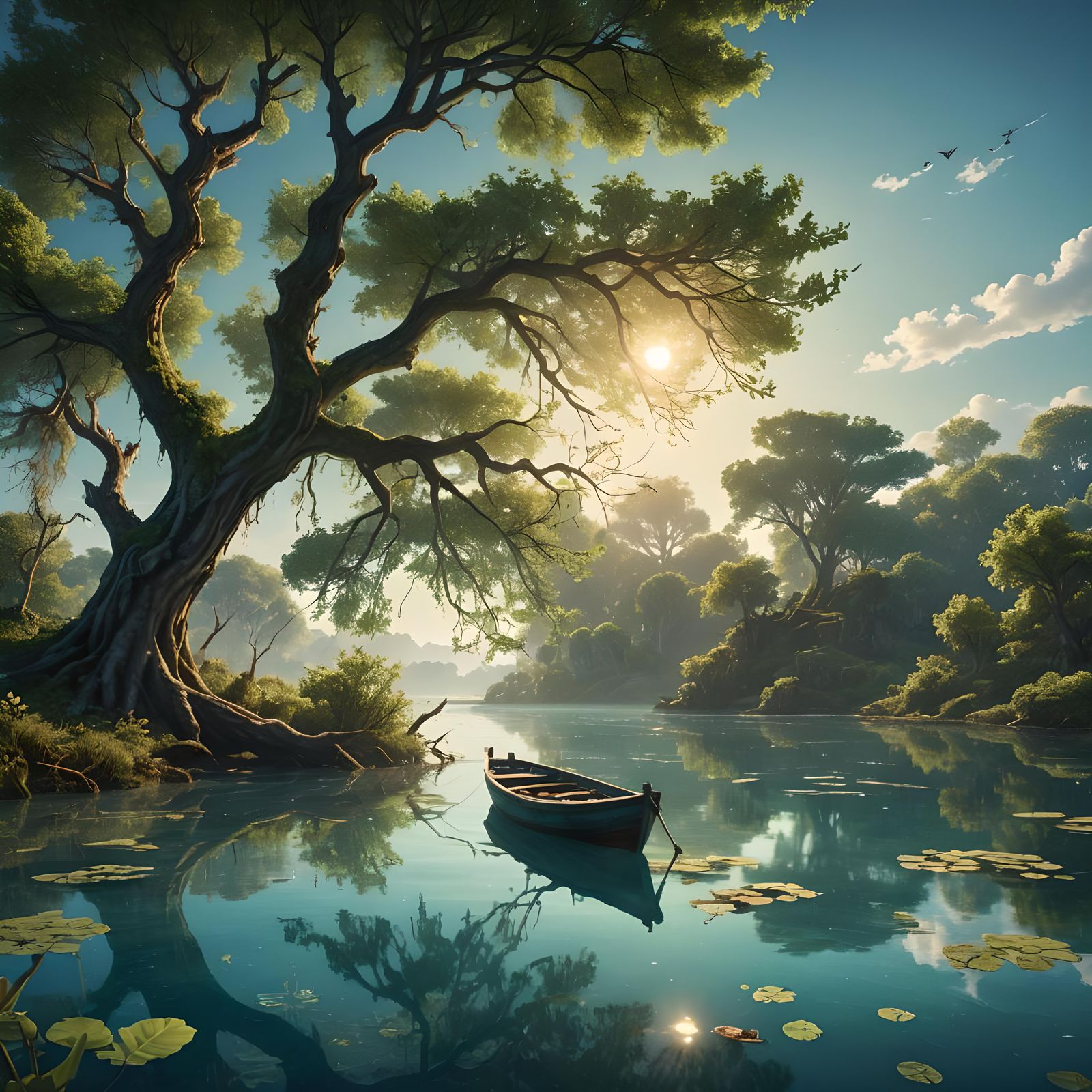 Serene Lagoon Sunset with Fishing Boat