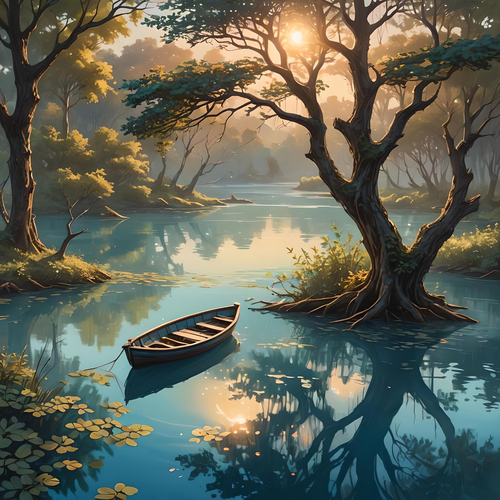 Serene Lagoon: Fishing Boat at Sunset