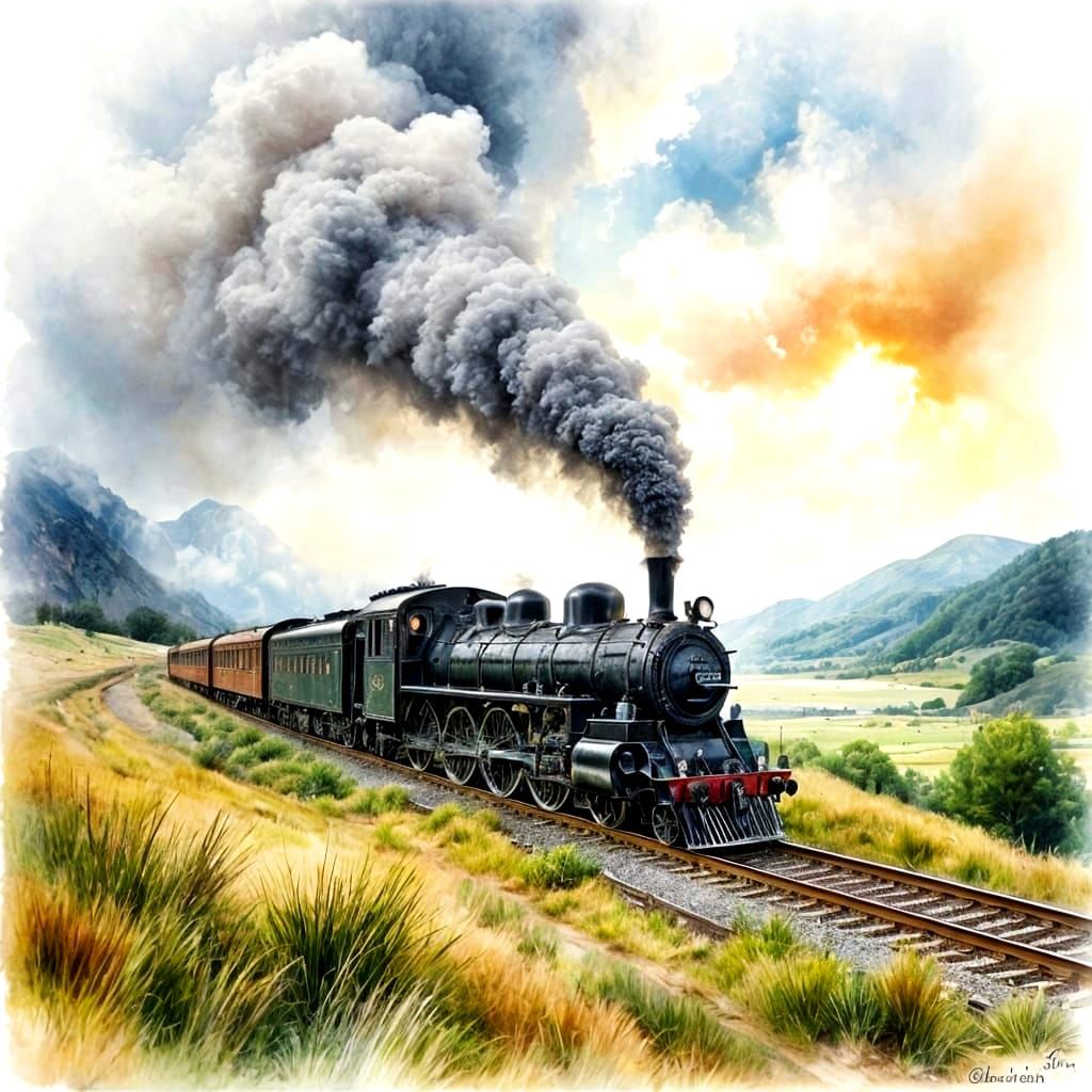 Vintage Steam Train in Watercolor Style