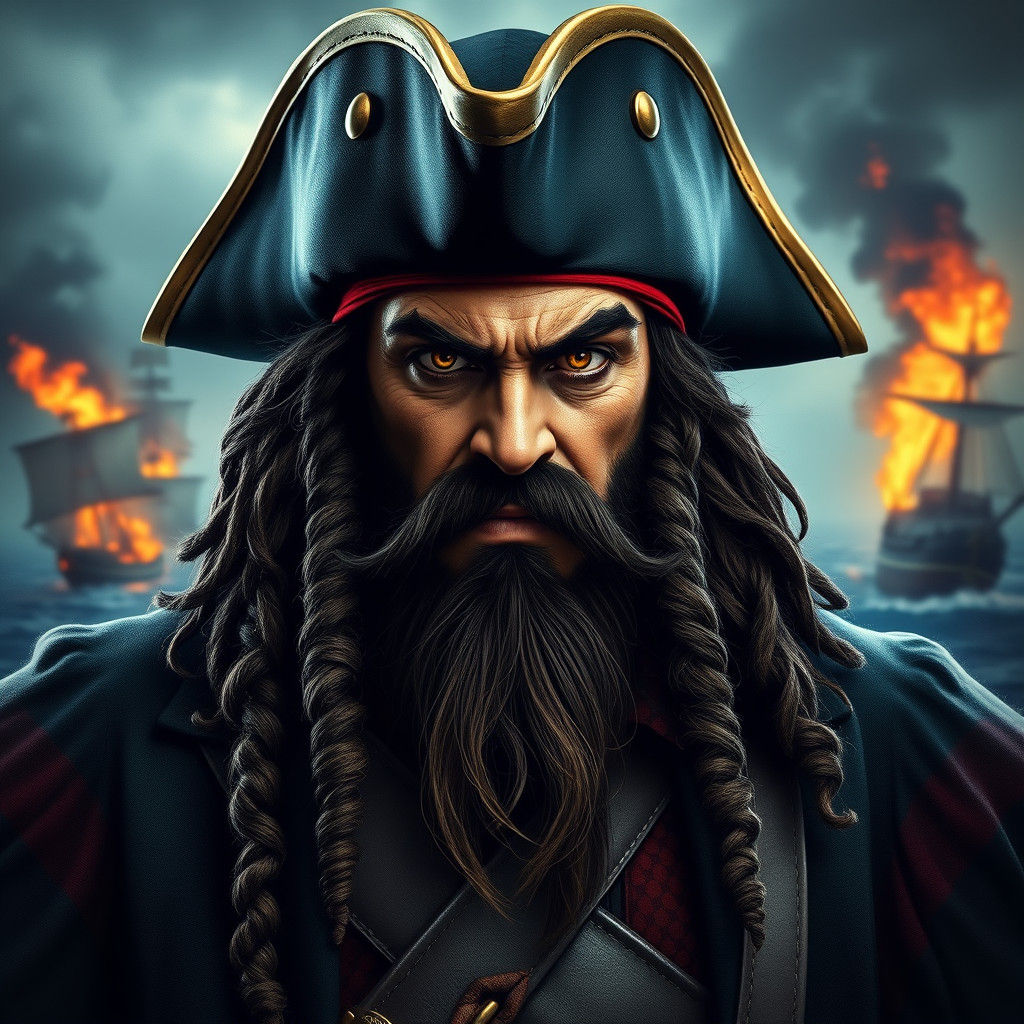 Menacing Blackbeard Portrait with Burning Ship Background
