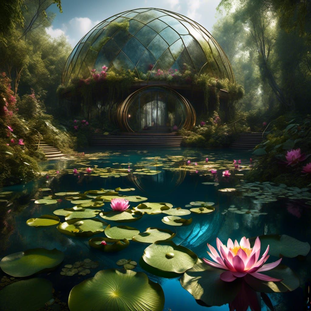 Lotus Biodome on Tranquil Lake, Impressionistic Style