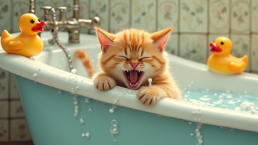 Terrified Cat Struggling to Escape Bathtub in Whimsical Styl...