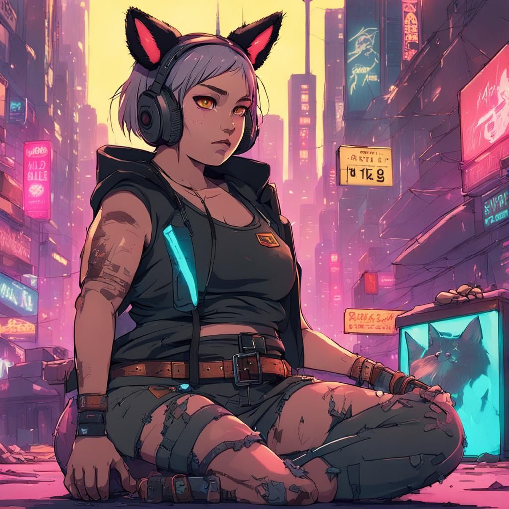 Cyberpunk Anime Girl with Cat Features