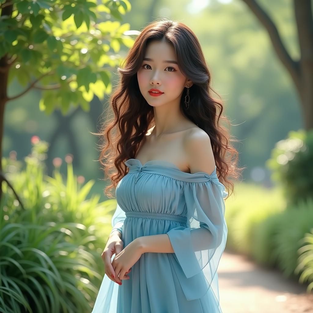 Elegant Asian Woman in Lush Garden: Digital Painting