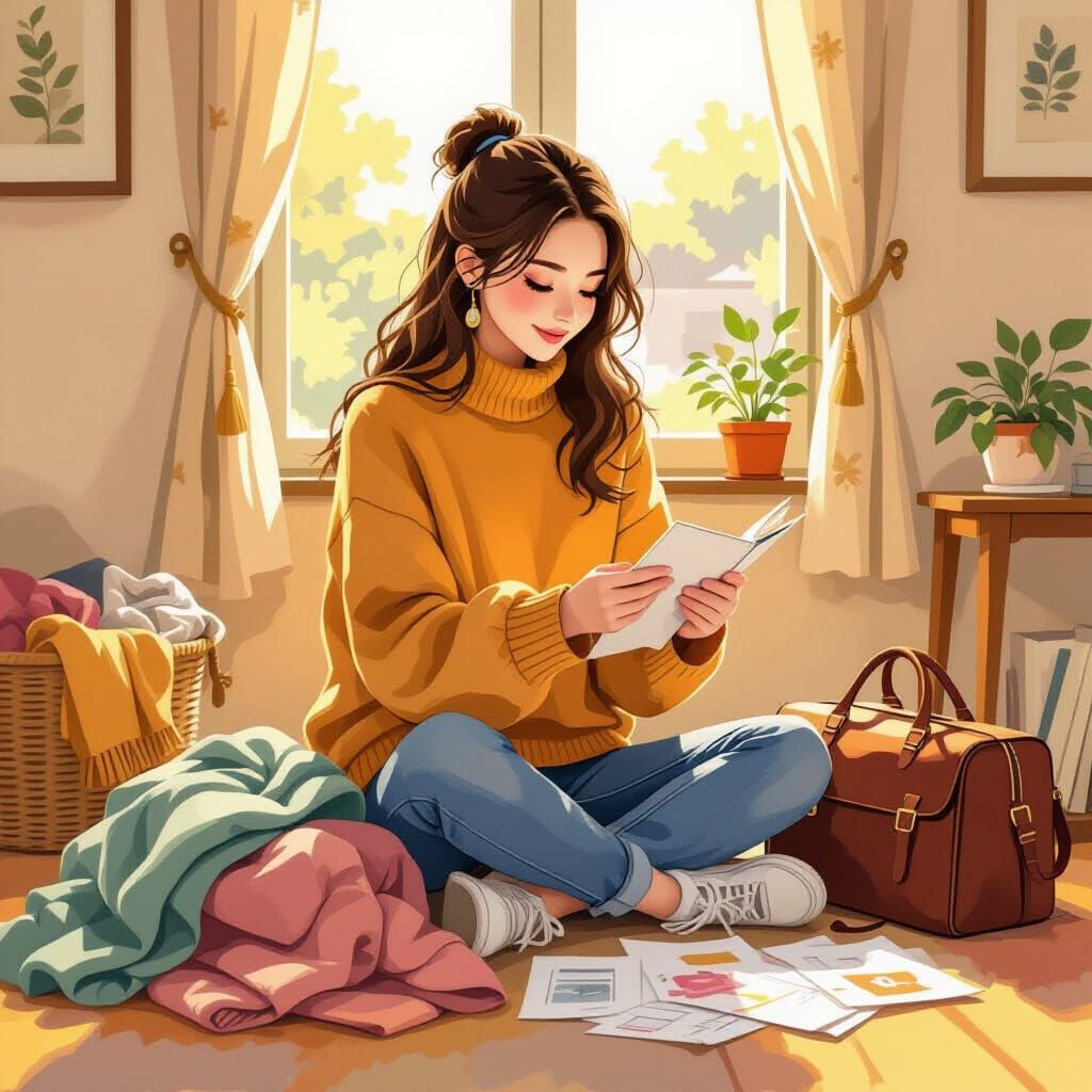 Young Woman Packing Luggage as Impressionist Painting