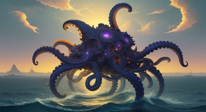 Surreal Octopus in Mid-Air, Inspired by Syd Mead and Ash Tho...