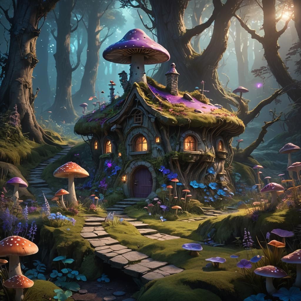 Enchanted Fairy Mushroom House in Bioluminescent Forest
