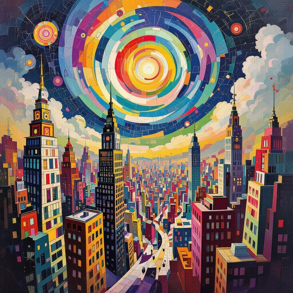 Kaleidoscopic Cityscape with Art Deco Elements