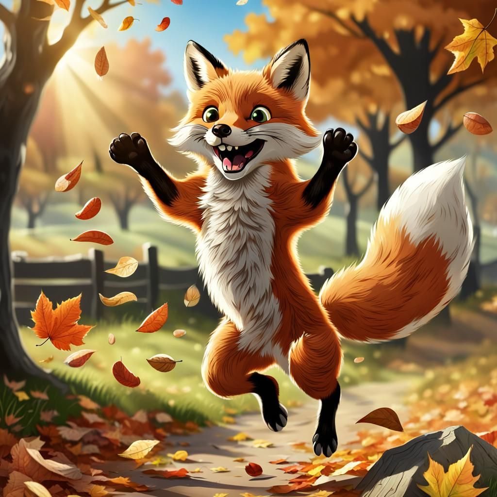 Happy Fox Jumping in Autumn Leaves