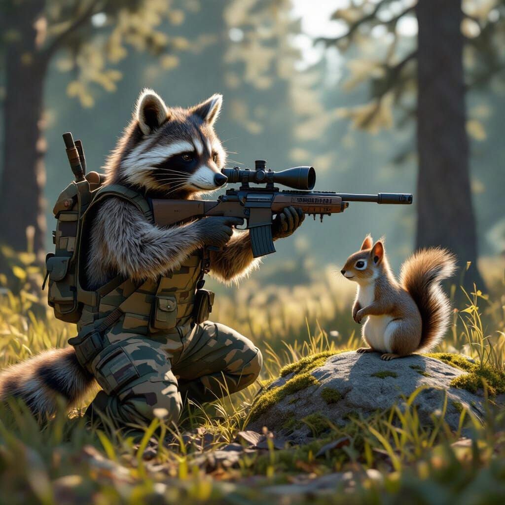 Raccoon Sniper Aims at Squirrel in Realistic 3D Style