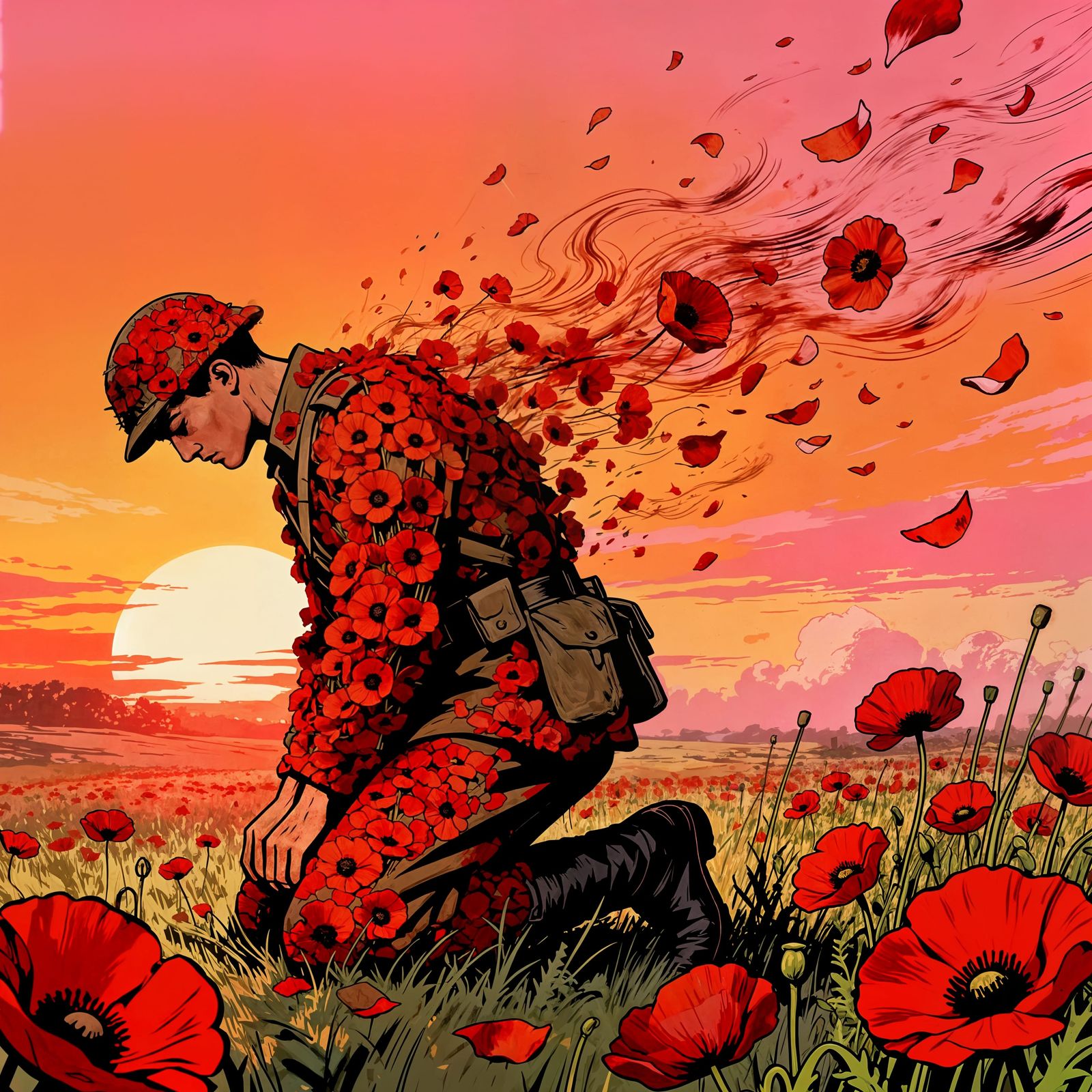 WWI Soldier of Poppies at Sunset