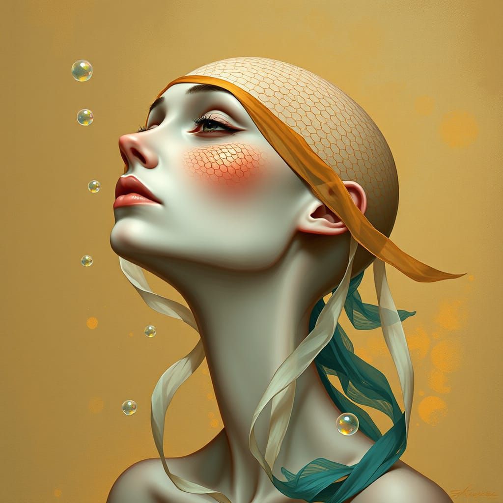 Ethereal Mermaid Portrait in Distressed Watercolor Style