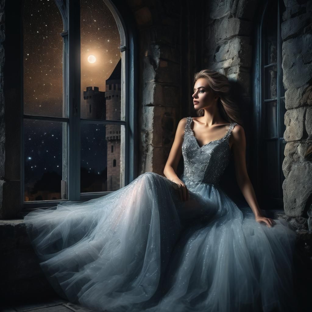 Mysterious Lady by Castle Window in Fantasy Setting