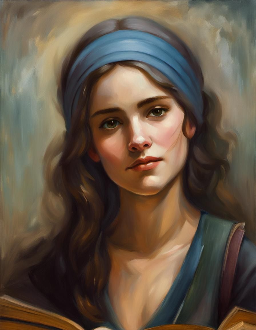 Woman in Moonlit Library: Oil Painting in Pre-Raphaelite Sty...