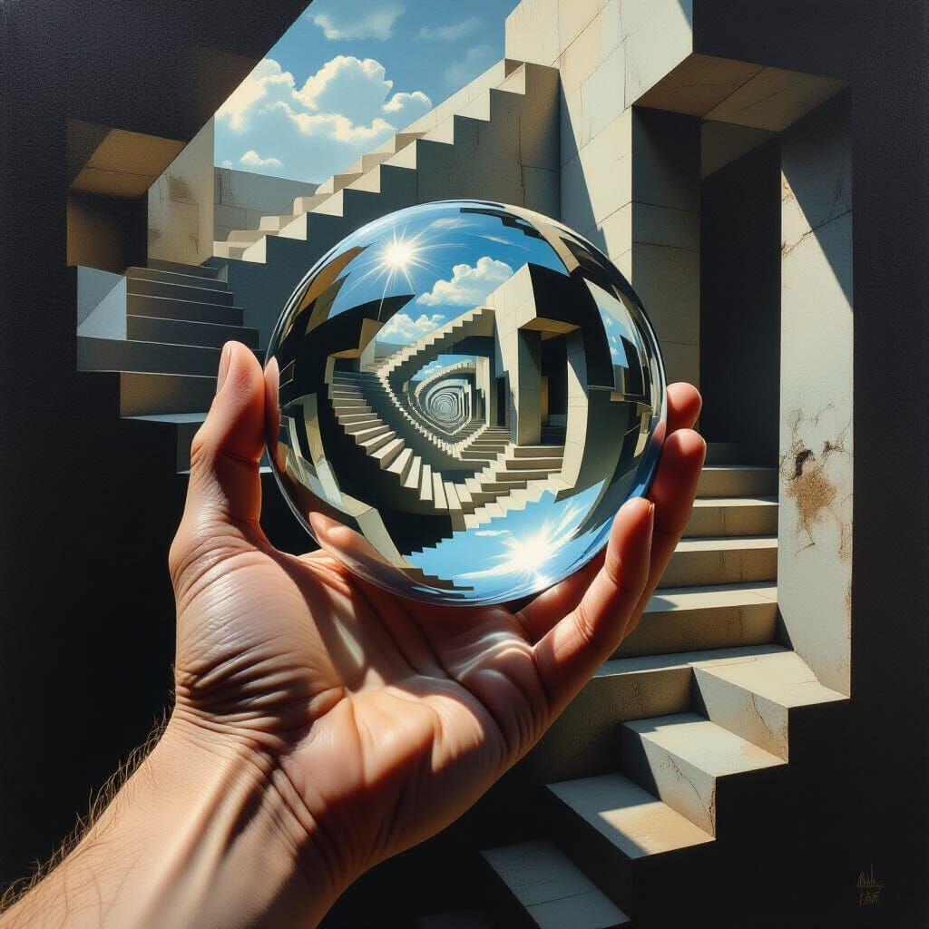Surreal Hand Holds Reflecting Sphere with Impossible Archite...