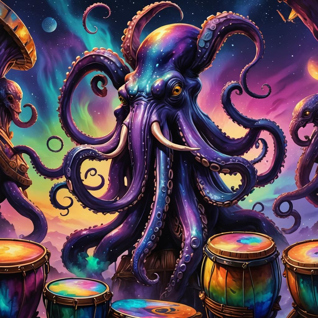 Octopus Drummer in Magic Realism Style