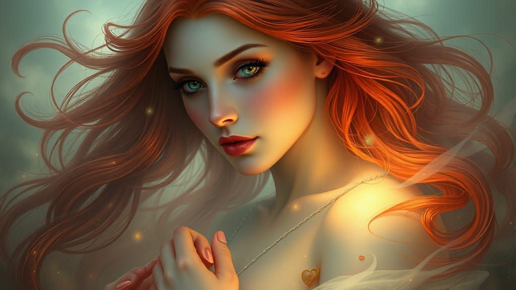 Ethereal Goddess with Red Hair in Luminous Mist