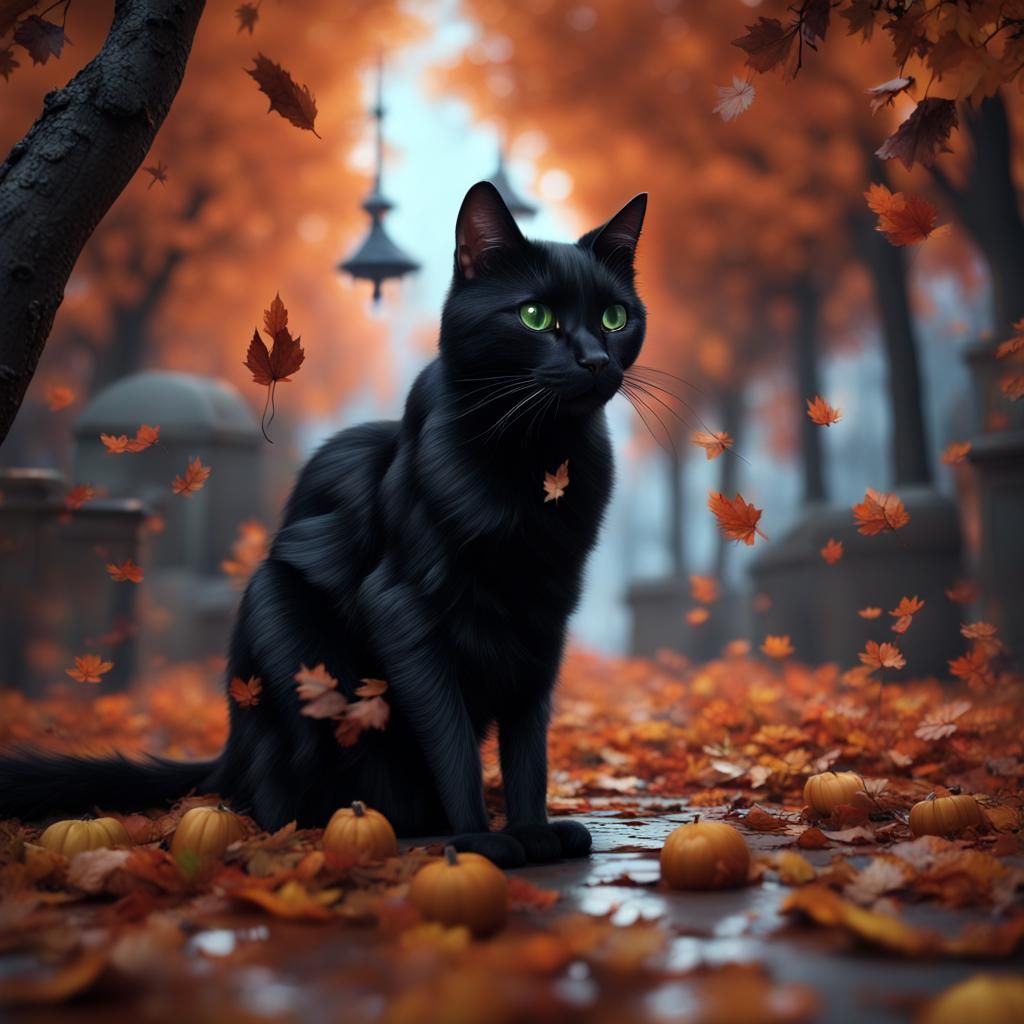 Halloween Night: Black Cat in Fantasy Art Style