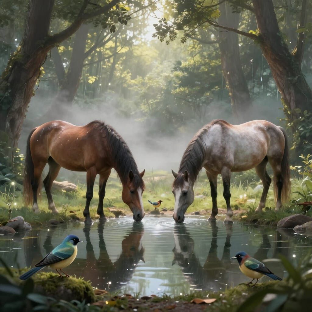Enchanted Forest Watering Hole with Horses and Birds
