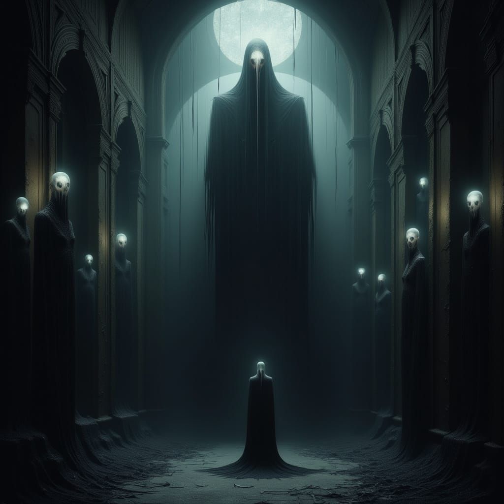 Shadow Beings in Cosmic Hall with Glowing Geometric Eyes