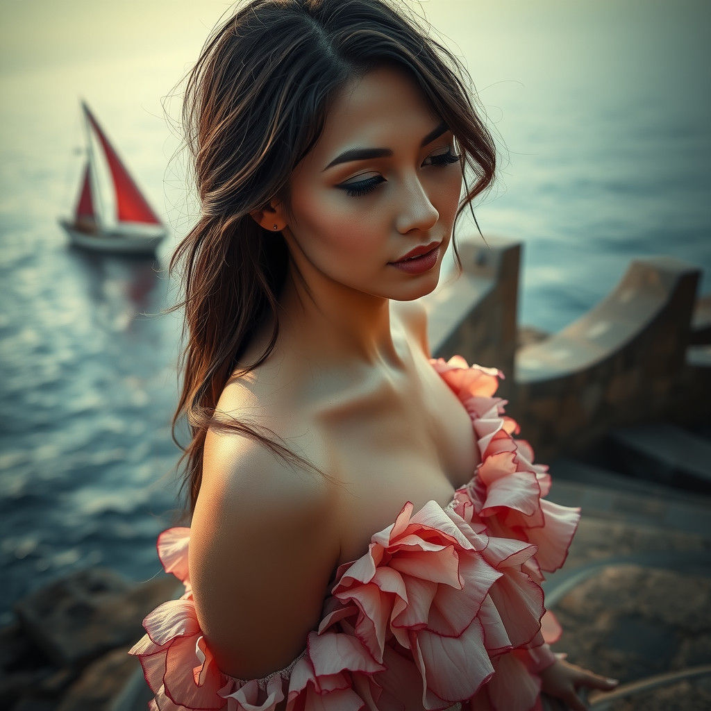 Woman in Rose Dress Gazing at Ocean, Black and White