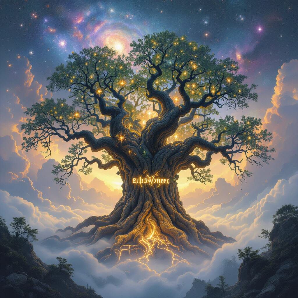 Ancient Tree with Runes and Celestial Canopy