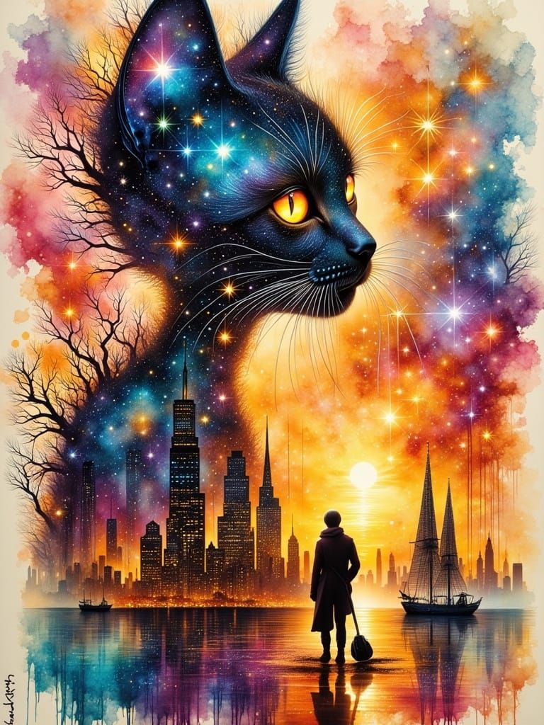 Galactic Cat Silhouette: Surreal Double Exposure Art