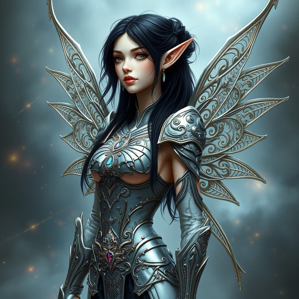 Fairy Elf Warrior with Filigreed Wings in Art Nouveau Style