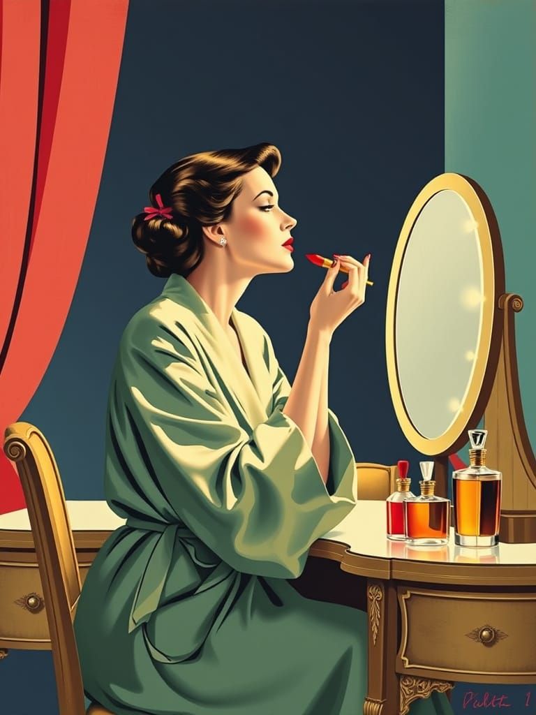Glamorous 1940s Woman Applying Lipstick, Art Deco Style