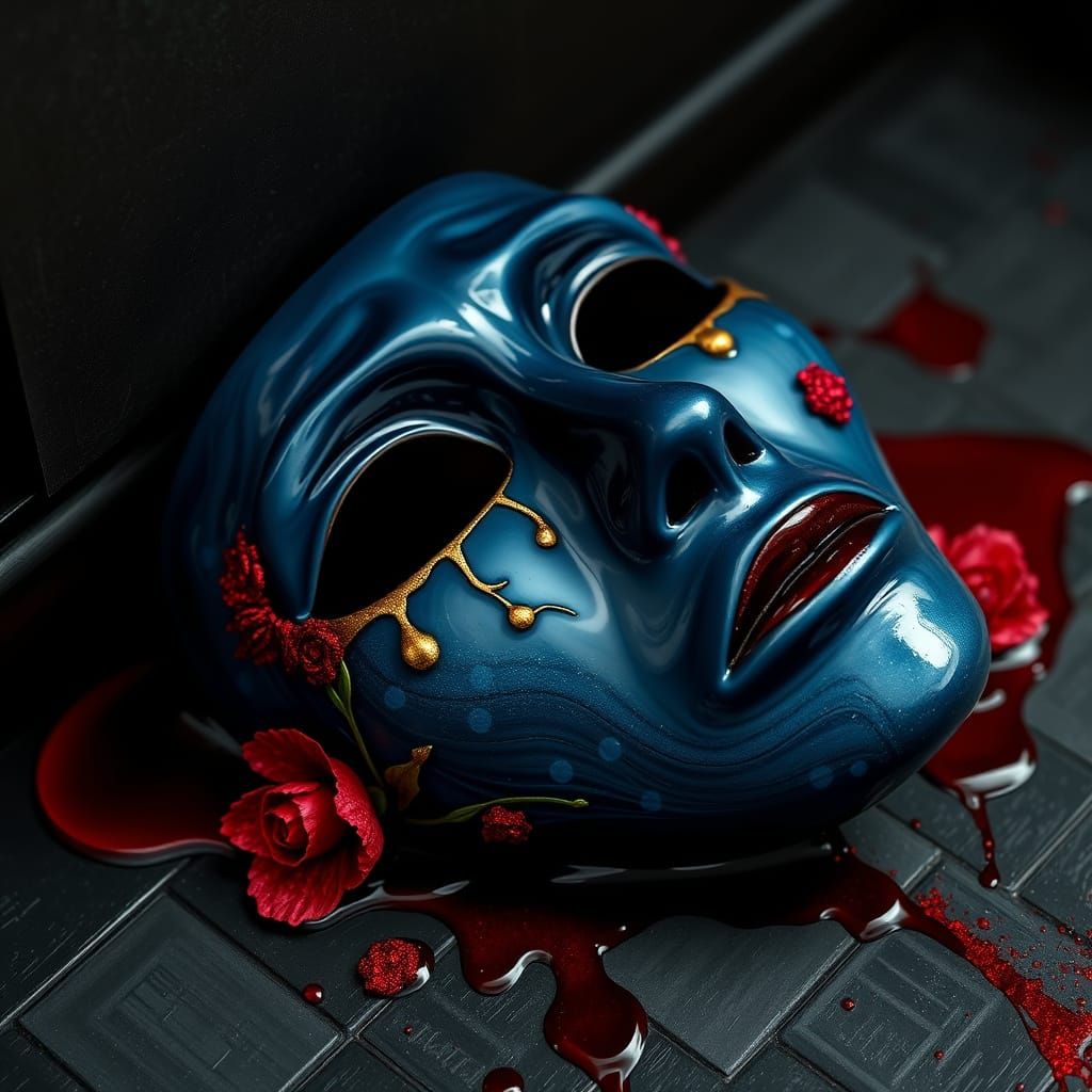 Surreal Ceramic Mask Weeps Red Roses in Dark Midnight Blue