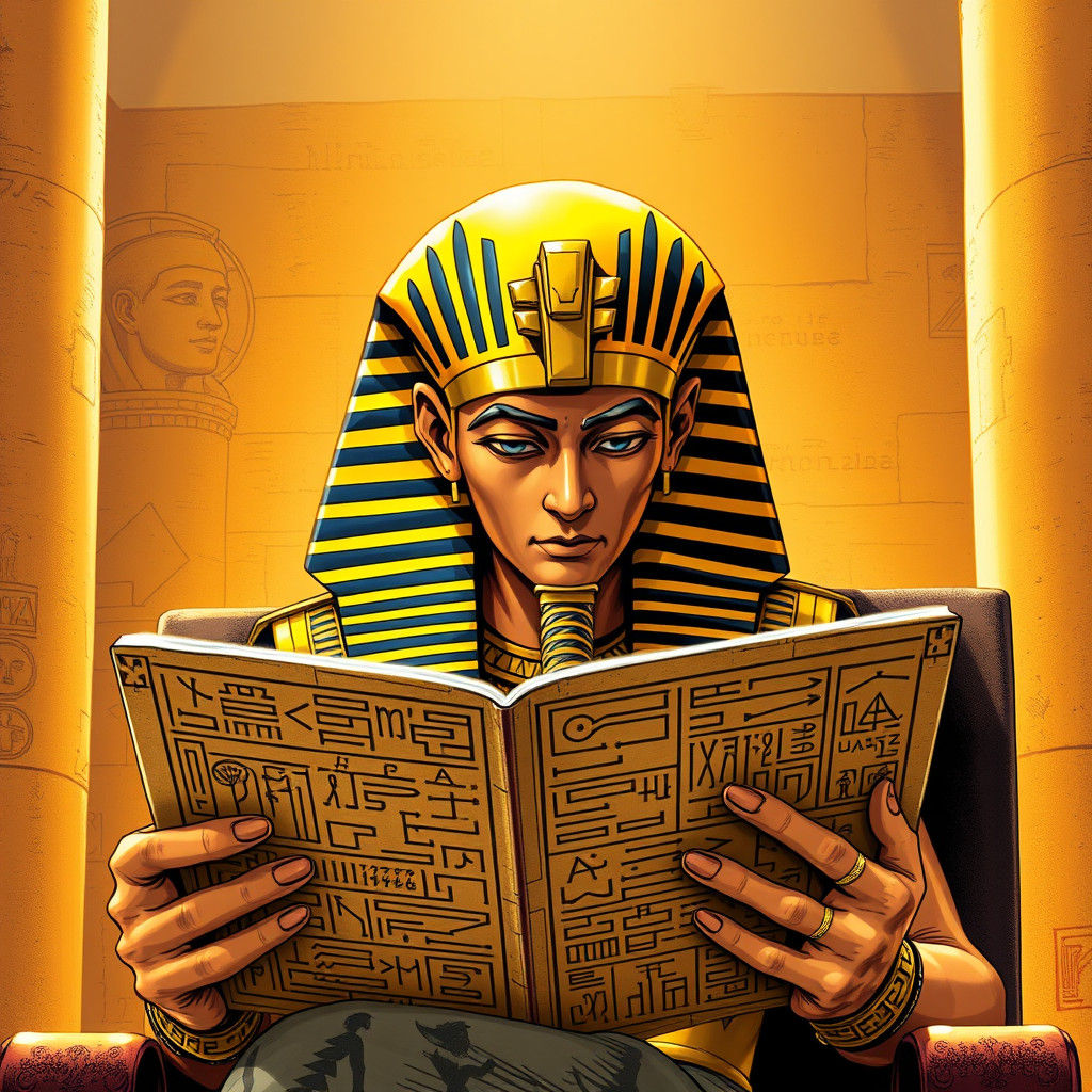 King Tut Reads Tablet in Comic Book Art Style